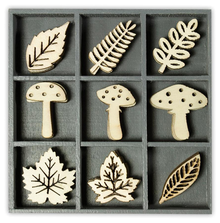 Декоративные элементы из дерева в коробочке "Грибы и листья"
