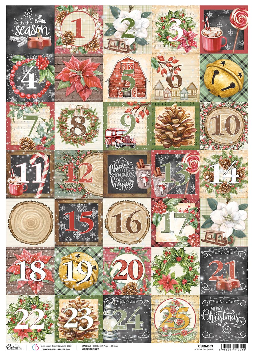 Рисовая бумага Advent calendar, размер листа 30.5х42.7 см