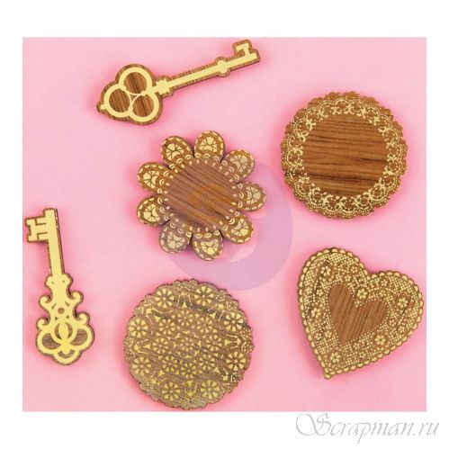 Набор деревянных украшений 6 штук Keys & Doilies от Prima Marketing