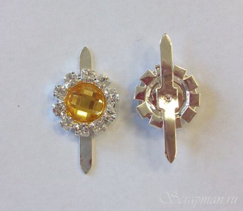 Брадс круглый с камушком и стразами, цвет желтый