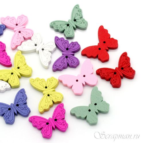 Деревянные пуговицы "Бабочки" разноцветные от магазина ScrapMan.ru