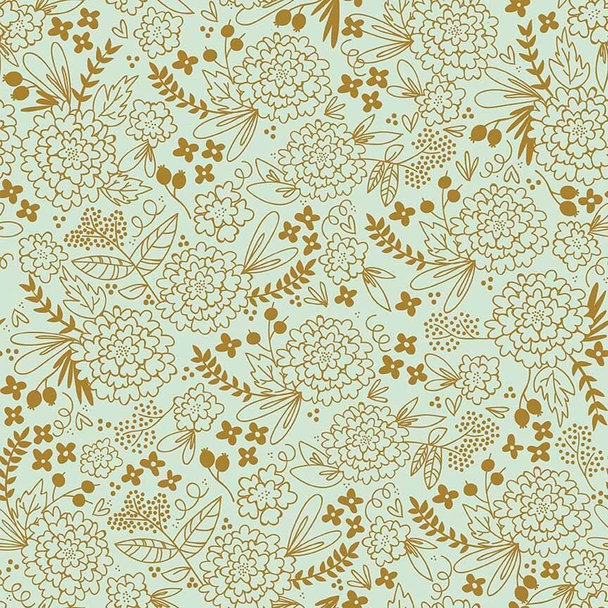 Отрез ткани 50х55см Золотой цветочный принт на мятном фоне 