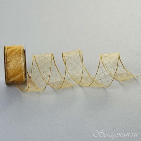 Лента из органзы с блёстками "Клетка" цвет бежевый, 1 метр
